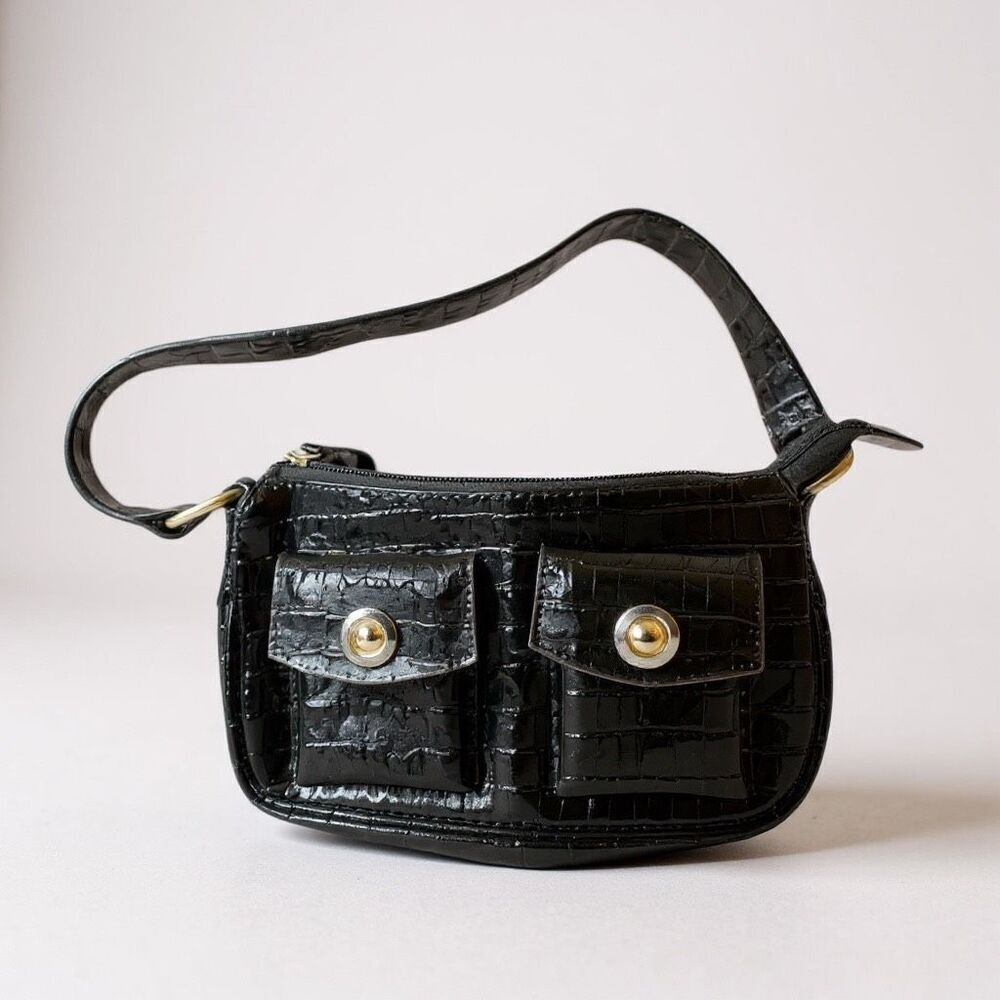 XOXO Black Faux Leather Shoulder Bag Small, Chic, Dual Front Pocket Purse
